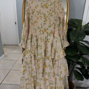 Cream Floral Tiered Maxi Dress with Yellow & Green Print